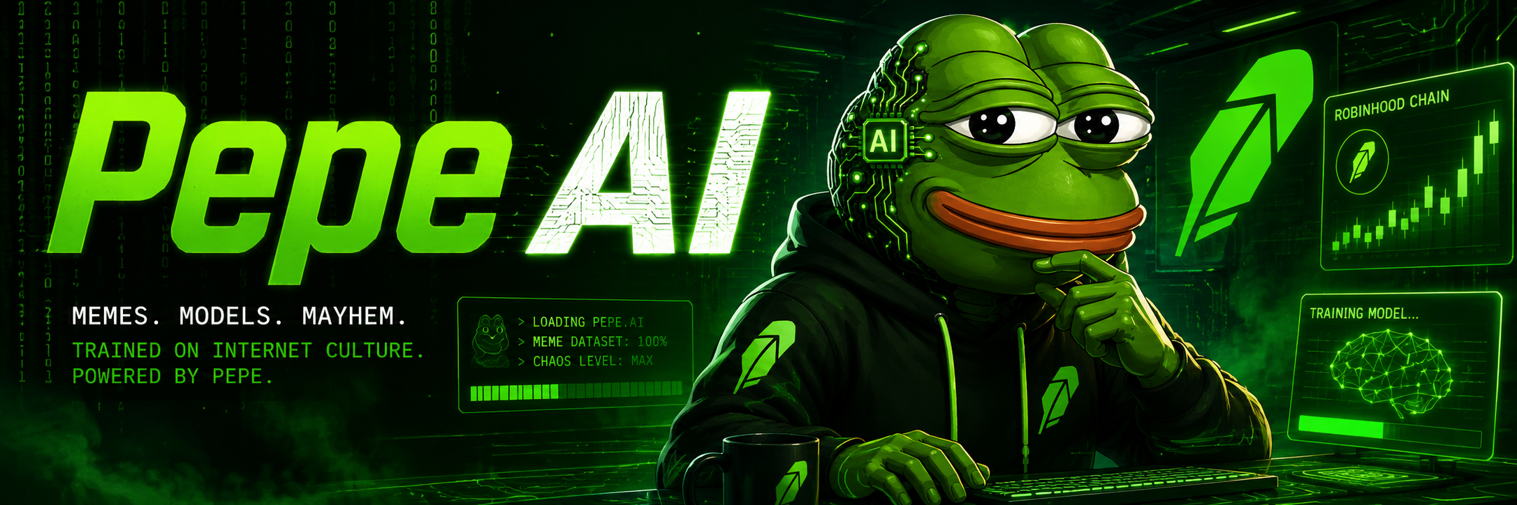Pepe AI promotional banner — memes, models, mayhem
